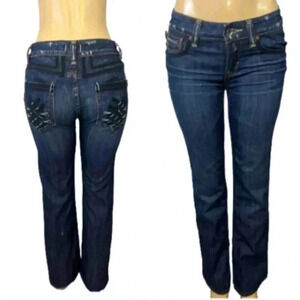 VIGOS BLUE DENIM JEANS BOOTCUT FLAIR LEG LOW RISE Y2K STRETCH DISTRESS SIZE 7/8